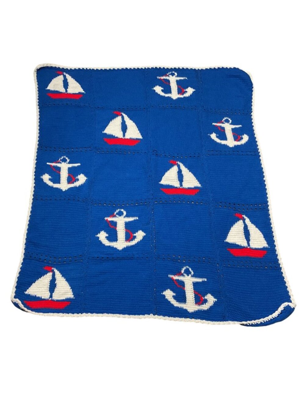 Handmade Nautical Theme Crochet Blanket Anchor & Sailboat Blue Red 56" X 62"